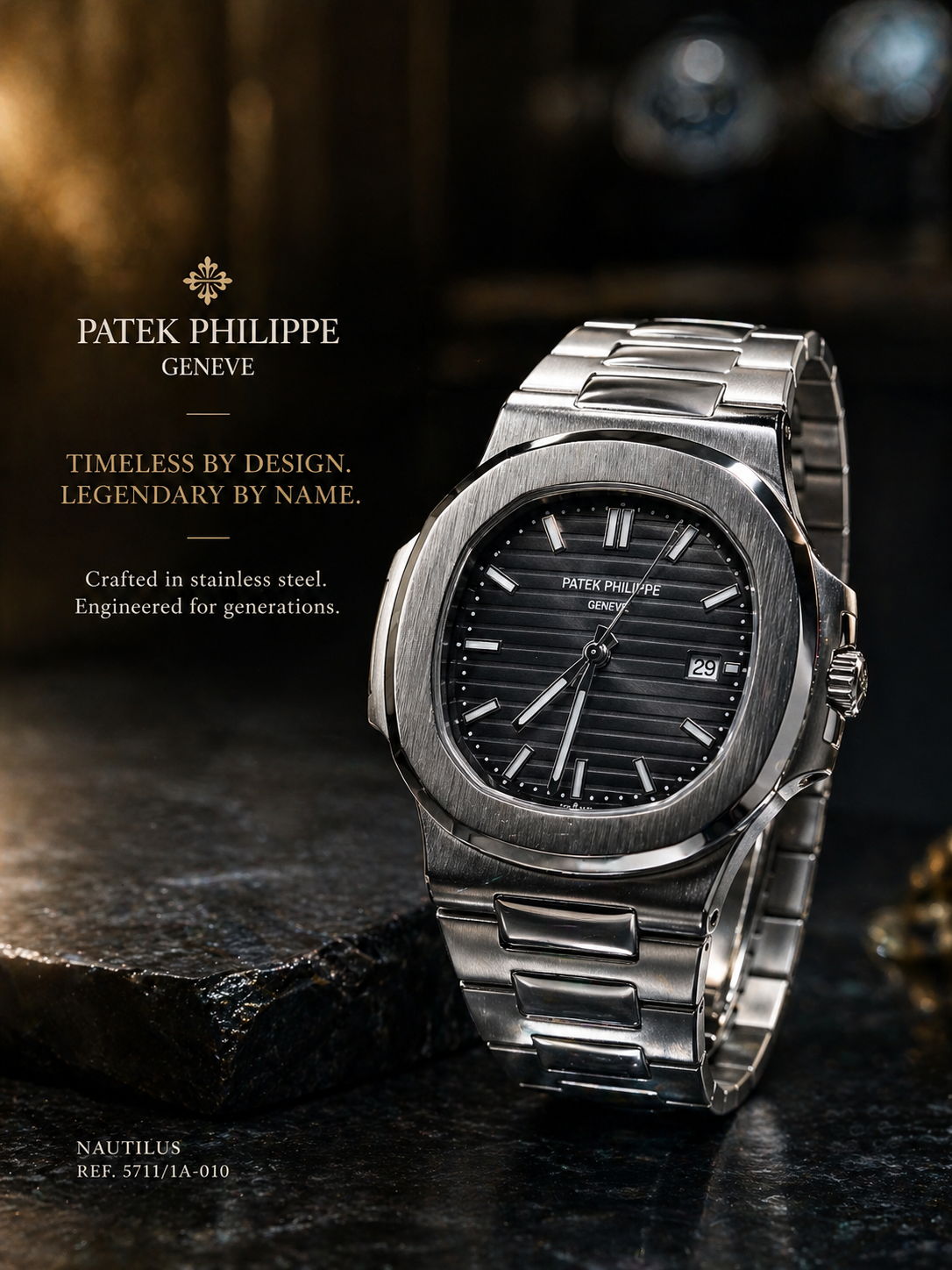 Luxury Stainless Steel Nautilus-Style Watch – Black Dial