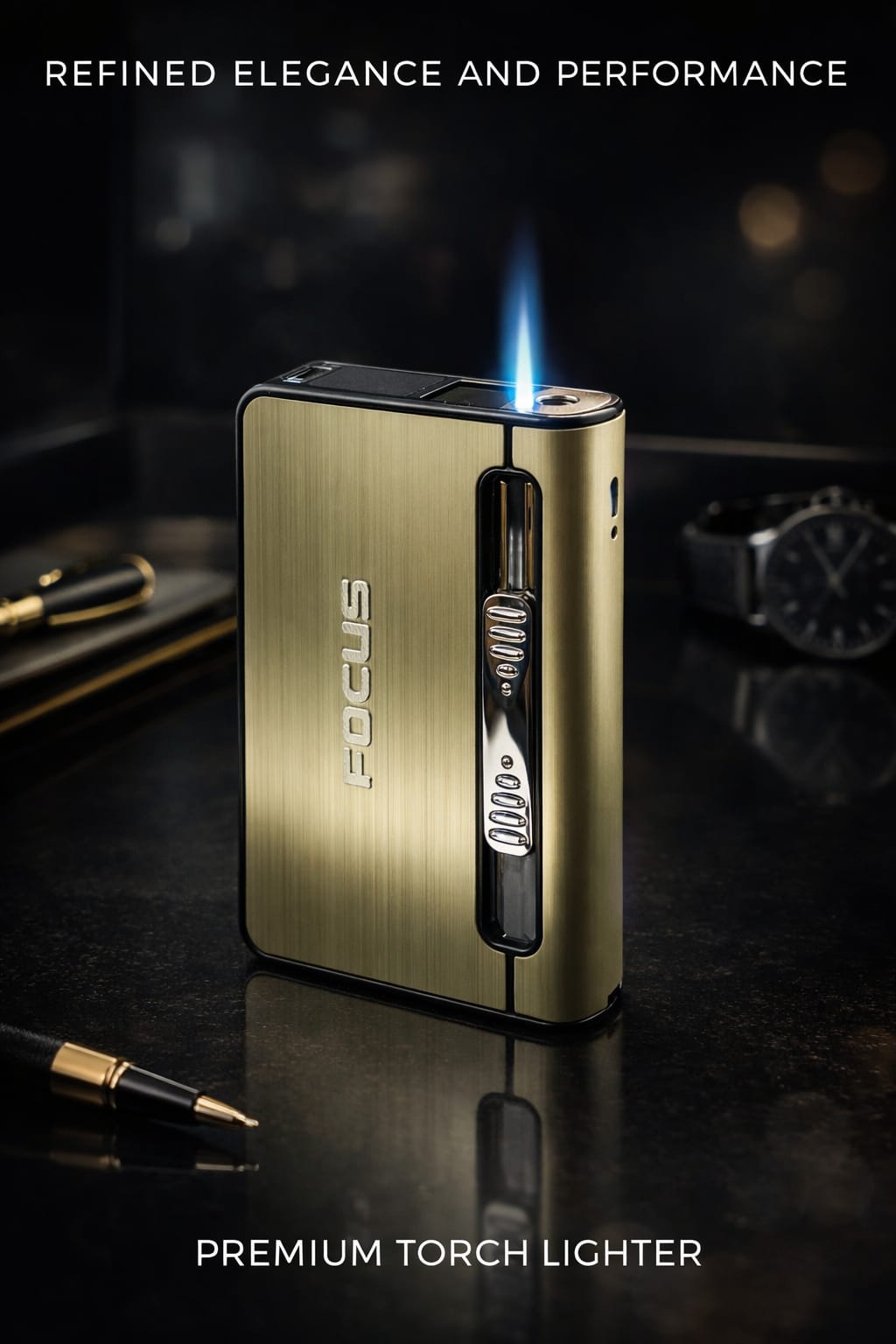Focus Cigarette Case Dispenser with Butane Jet Torch Lighter (Holds 10) Brushed Champagne Silver