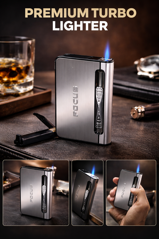 Focus Cigarette Case Dispenser with Butane Jet Torch Lighter (Holds 10) SILVER
