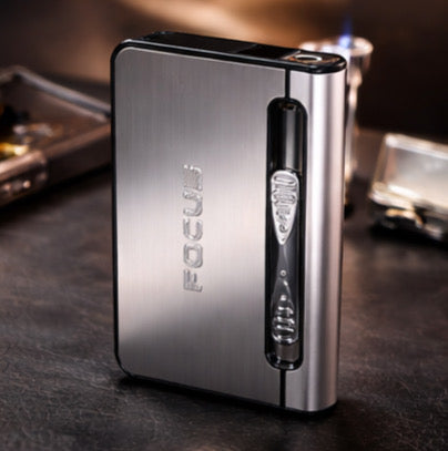 Focus Cigarette Case Dispenser with Butane Jet Torch Lighter (Holds 10) SILVER