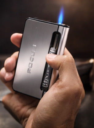 Focus Cigarette Case Dispenser with Butane Jet Torch Lighter (Holds 10) SILVER