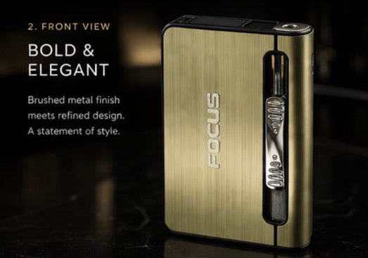 Focus Cigarette Case Dispenser with Butane Jet Torch Lighter (Holds 10) Brushed Champagne Silver