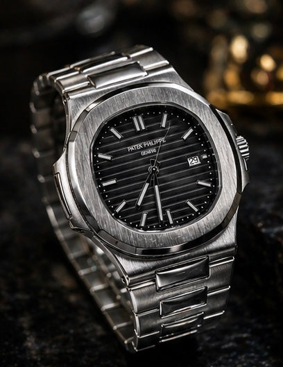 Luxury Stainless Steel Nautilus-Style Watch – Black Dial